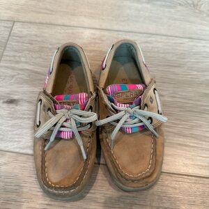 Sperry Kids Brown Moccasins with Pink and Blue Stripes